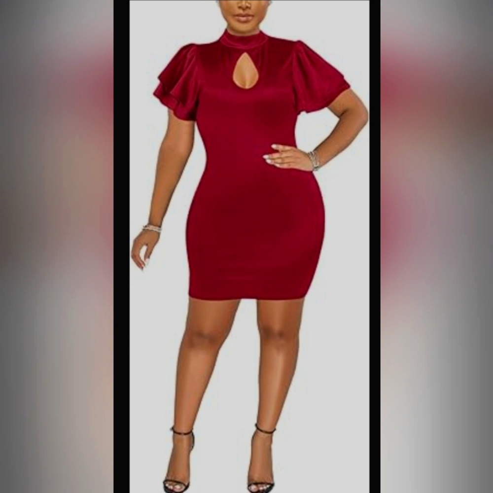 New Rooscier Women's Satin Mini Dress Short Sleeve Ruffle Mock Neck Keyhole Slit